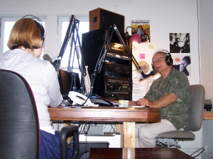 Cindy Sheehan on the air at KOWS radio, July 31, 2009